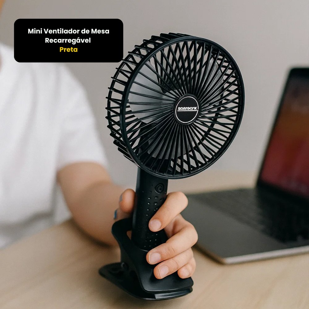 Mini Ventilador de Mesa Recarregável USB Preto Compacto 3 Velocidades Silencioso Portátil - Imagem 2