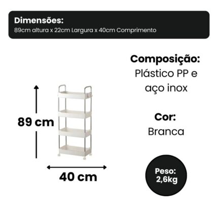 Prateleira Multiuso 4 Andares com Rodinha Branca Estável Organizador para Casa Escritório