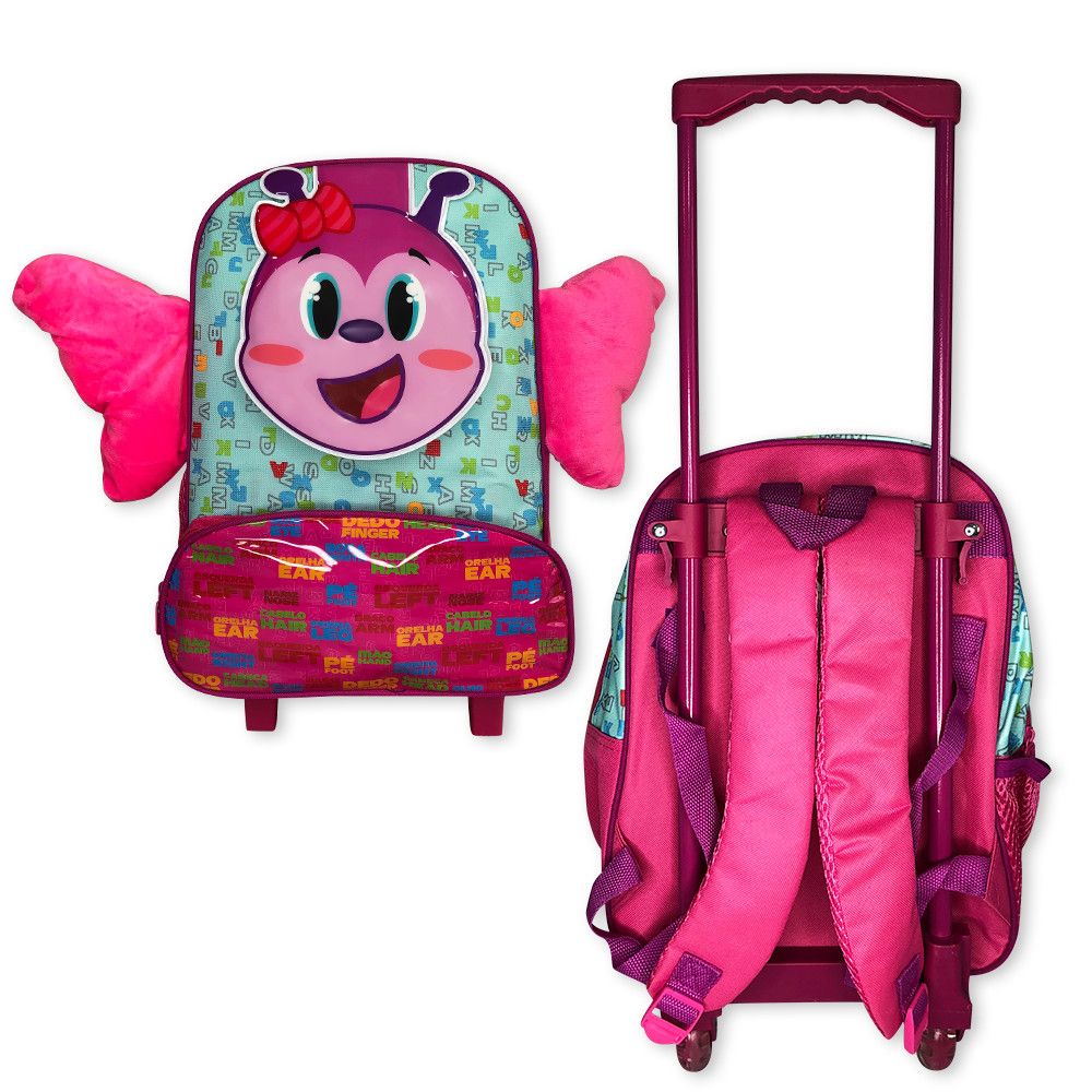 Mochila Infantil Escolar Borboleta Rosa com Rodinhas Resistente Impermeável 16 Polegadas - Imagem 3