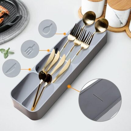 Organizador de Talheres Cinza 6 Divisórias Plástico Multiuso Gaveta Cozinha