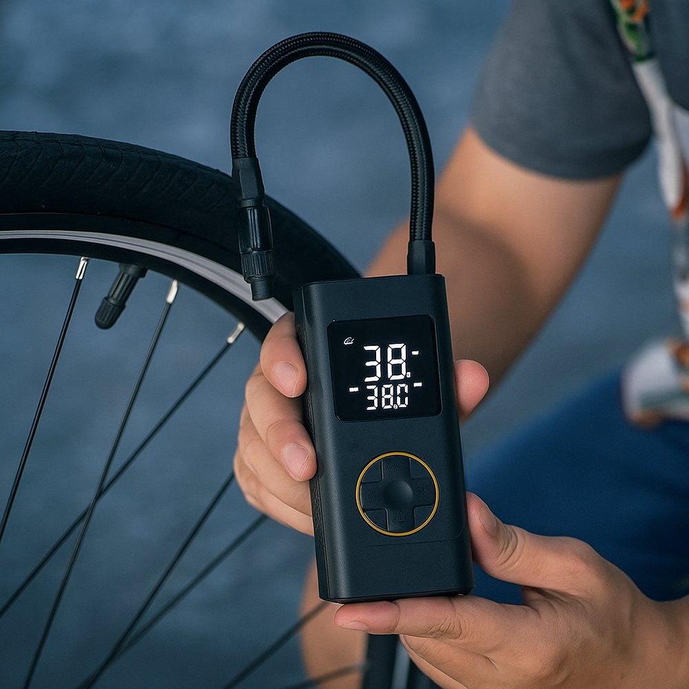 Bomba de Ar Digital Portátil Preta para Pneus Bicicleta Carro Moto Compacta e Automática - Imagem 5