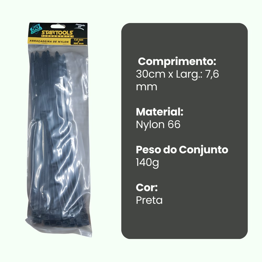 Abraçadeira de Nylon 30cm x 7,6mm 50 Unidades Preta Durable para Fixação e Organização - Imagem 4