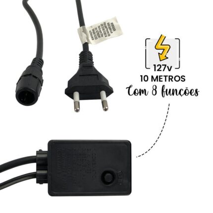 Mangueira LED Pisca Pisca 10m Redonda 8 Funções Branco Quente à Prova D'Água