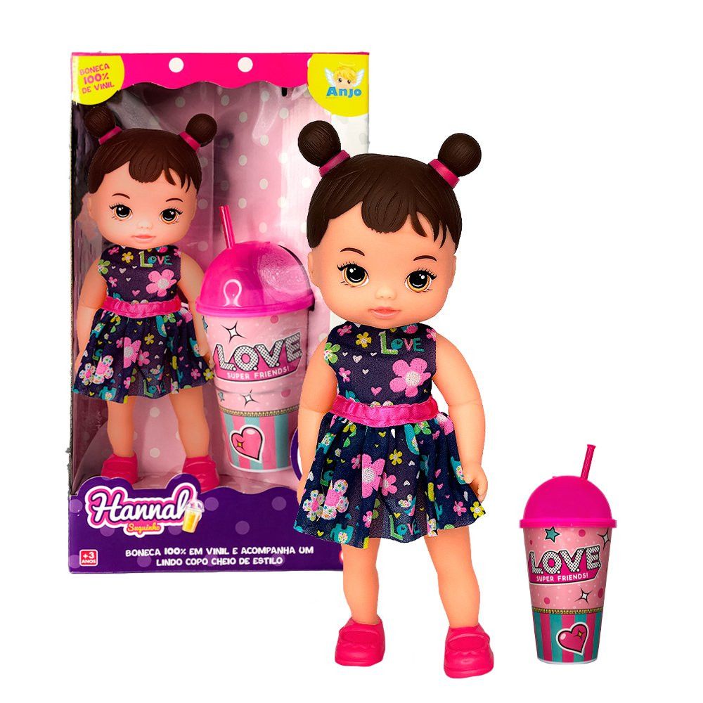 Boneca Hannah Suquinho com Copo 30cm Corpo Macio Roupas Coloridas Acessórios Inclusos - Imagem 6