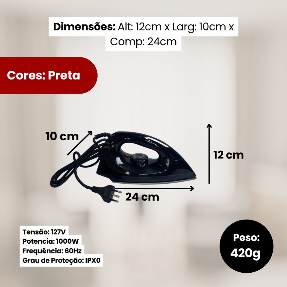 Ferro de Passar a Seco Soft 127V Preto Antiaderrapante Leve Durável Alta Temperatura - Imagem 2