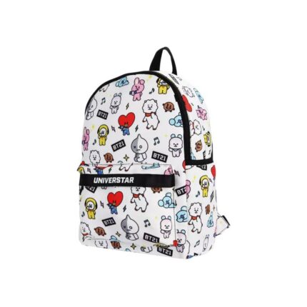 Mochila de Costa Escolar BT21 Branca Personagens Compartimentos Resistente 16 Litros