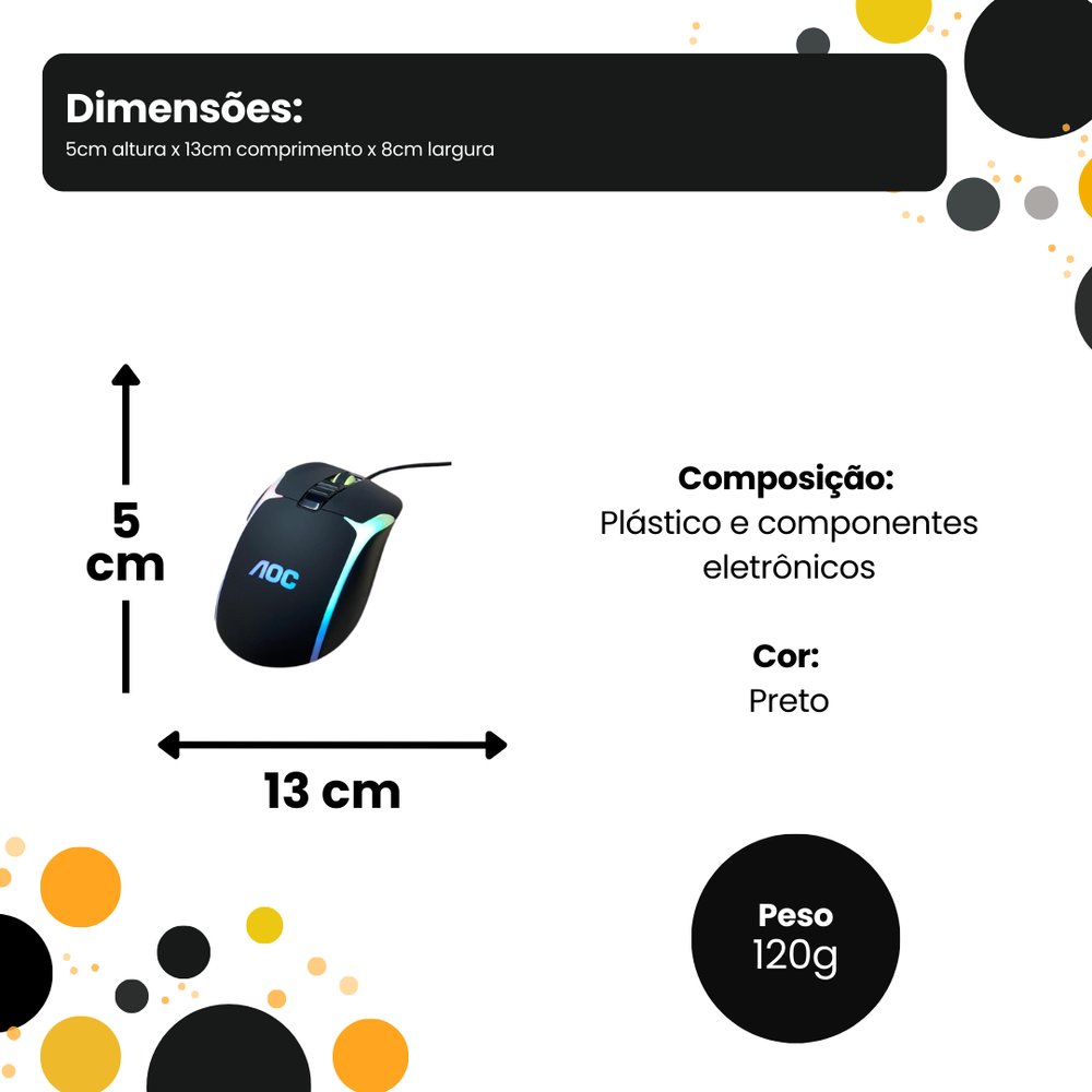 Mouse Gamer RGB 7200 DPI Ergonômico 7 Botões Programáveis Alta Precisão USB Preto - Imagem 3