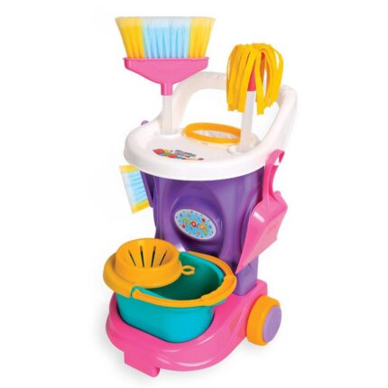 Carrinho de Limpeza Infantil Cleaning Trolley com Balde, Escova, Pá e Material Escolar - Brinquedo Educativo
