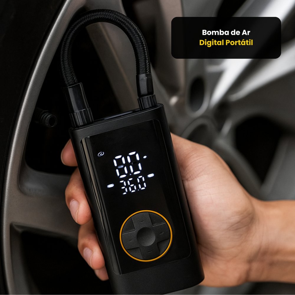 Bomba de Ar Digital Portátil Preta para Pneus Bicicleta Carro Moto Compacta e Automática - Imagem 3