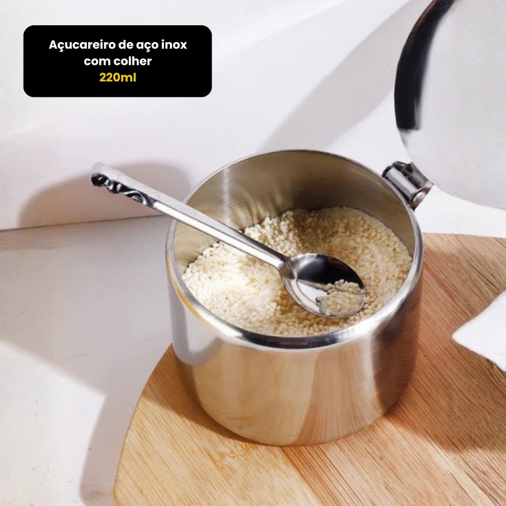 Açucareiro de Aço Inox 220ml com Colher Tamper para Café e Mesa - Imagem 4