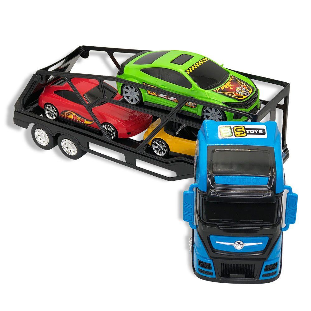 Caminhão Cegonheiro Grande Azul com 3 Carrinhos de Brinquedo Infantil Resistente e Realista - Imagem 4