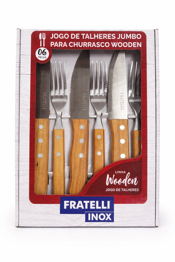 Conjunto Talheres Churrasco Madeira Grelha BBQ Churrasqueiro Aço Inox 6 Peças - Imagem 2