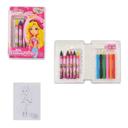 Estojo Infantil Escolar Glam Girl 18 Peças Completo com Lápis Caneta Régua Apontador Rosa
