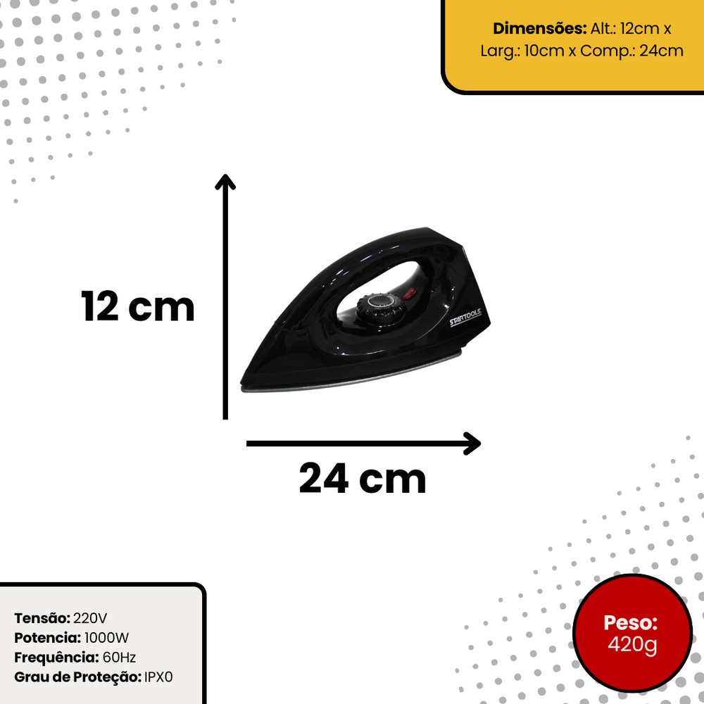Ferro de Passar a Seco Soft 220V Preto Antiaderente Leve e Compacto Econômico - Imagem 2