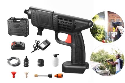 Pistola Lava Jato Portátil Recarregável 8 Peças Preta Alta Pressão para Limpeza Automotiva e Residencial