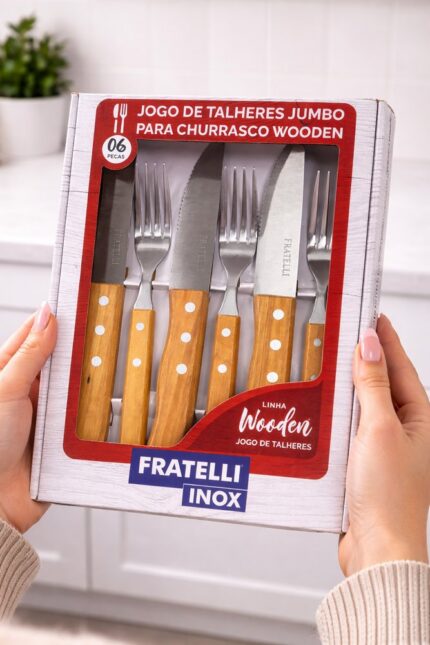 Conjunto Talheres Churrasco Madeira Grelha BBQ Churrasqueiro Aço Inox 6 Peças