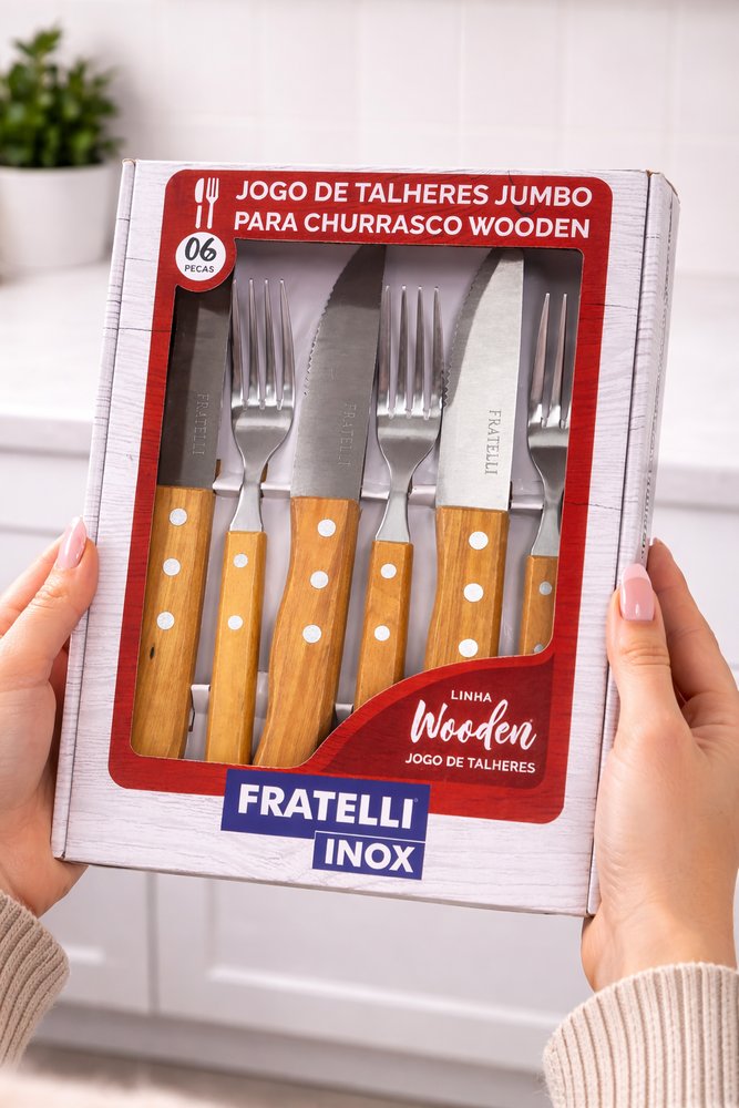 Conjunto Talheres Churrasco Madeira Grelha BBQ Churrasqueiro Aço Inox 6 Peças