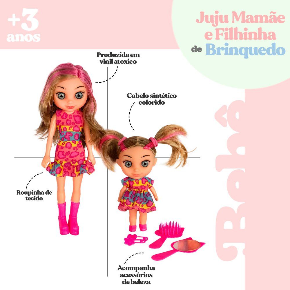 Boneca Juju Mommy Mamãe e Filhinha com Acessórios - Brinquedo Infantil com Roupas e Itens Decorativos - Imagem 3
