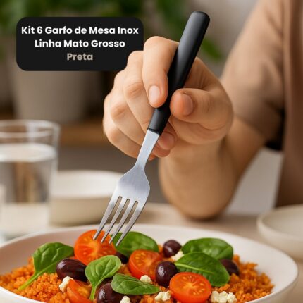 Kit 6 Garfos de Mesa Inox Linha Mato Grosso Cabo Preto Resistente e Antioxidante