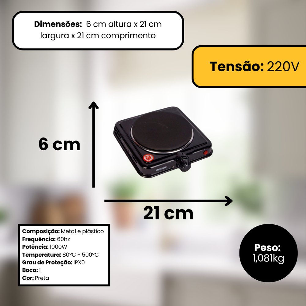 Fogareiro Elétrico de Indução 1 Boca 220V Preto Compacto Portátil Alta Potência - Imagem 3