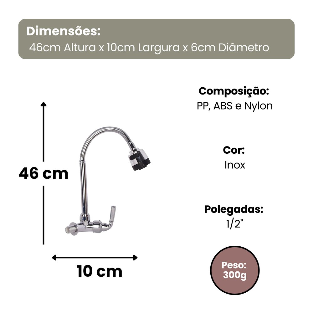 Torneira Gourmet Flexível De Parede Com Ducha 1/2'' Inox 360º Cozinha Alta Pressão - Imagem 2
