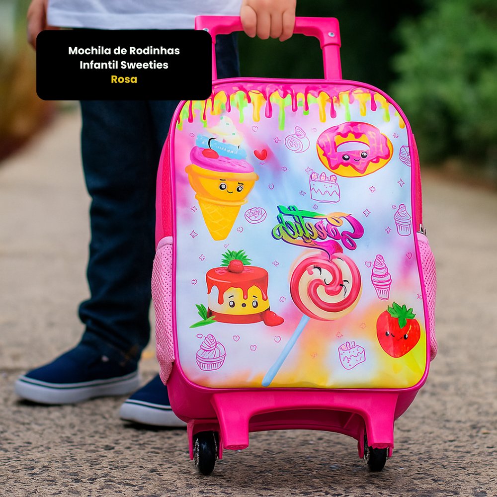Mochila de Rodinhas Infantil Sweeties Rosa 16" Escolar Escolaridade Leve Resistente - Imagem 3