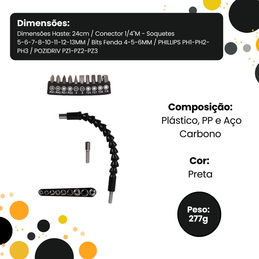 Kit Cabo Extensor Flexível Para Parafusadeira 21 Peças com Bits Soquete Ferramentas Conjunto - Imagem 2