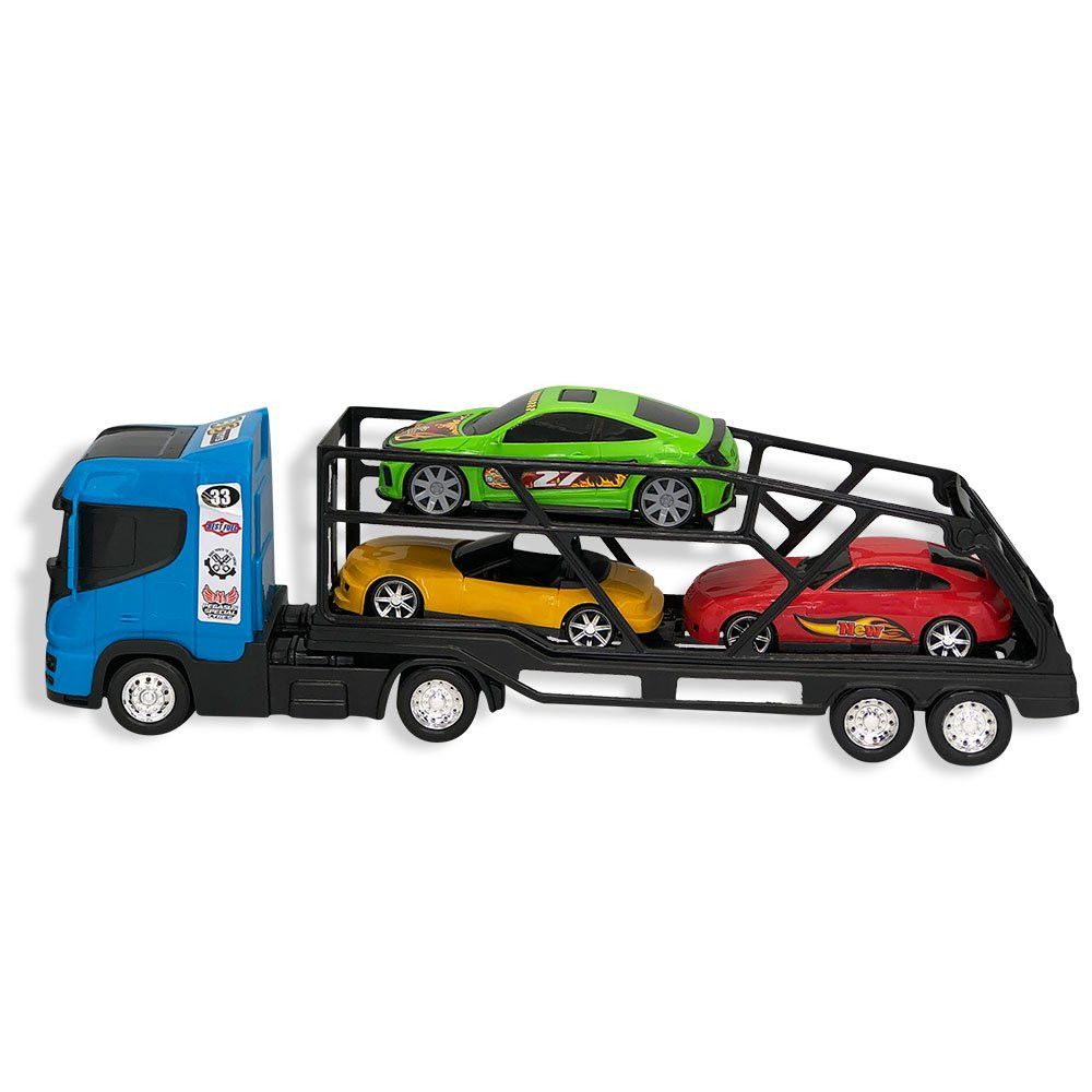 Caminhão Cegonheiro Grande Azul com 3 Carrinhos de Brinquedo Infantil Resistente e Realista - Imagem 3