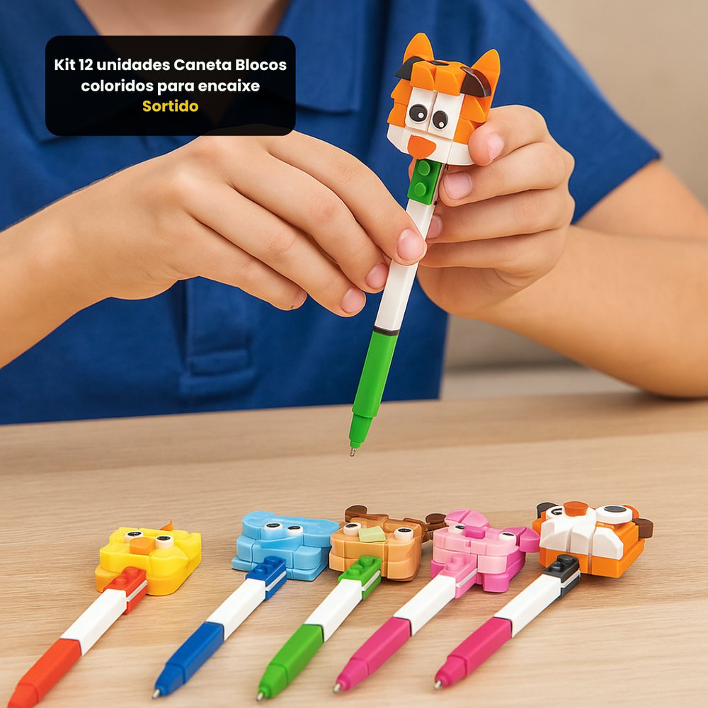 Kit Caneta Blocos Coloridos Sortido 12 Unidades Para Encaixe Escolares Criativas - Imagem 5