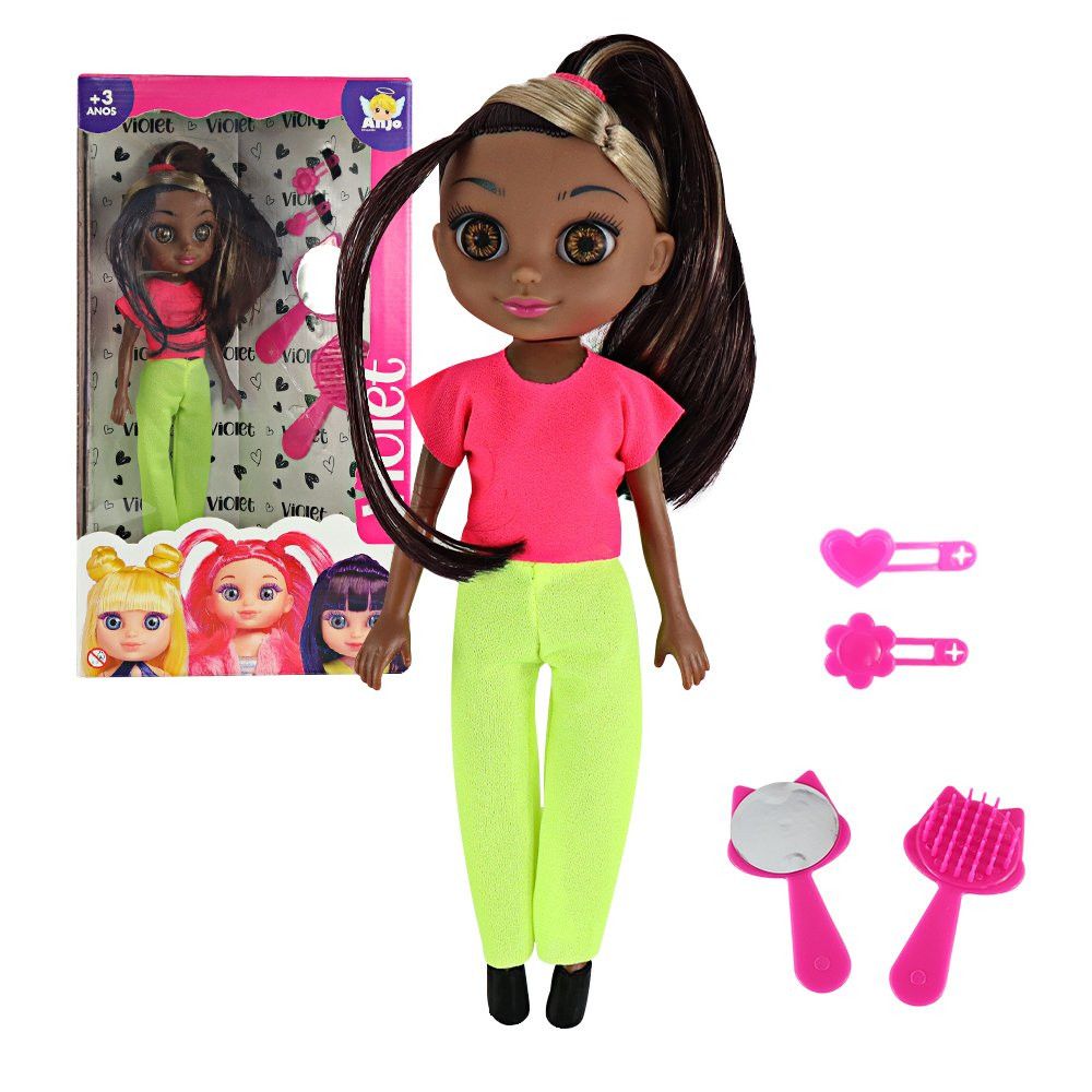 Boneca Violet Negra 30cm com Acessórios Pente Espelho e Prendedores de Cabelo Completo - Imagem 4