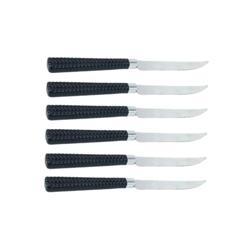 Kit 6 Facas de Mesa Inox Linha Gramado Cabo Preto Aço Inoxidável Faca Mesa Jantar
