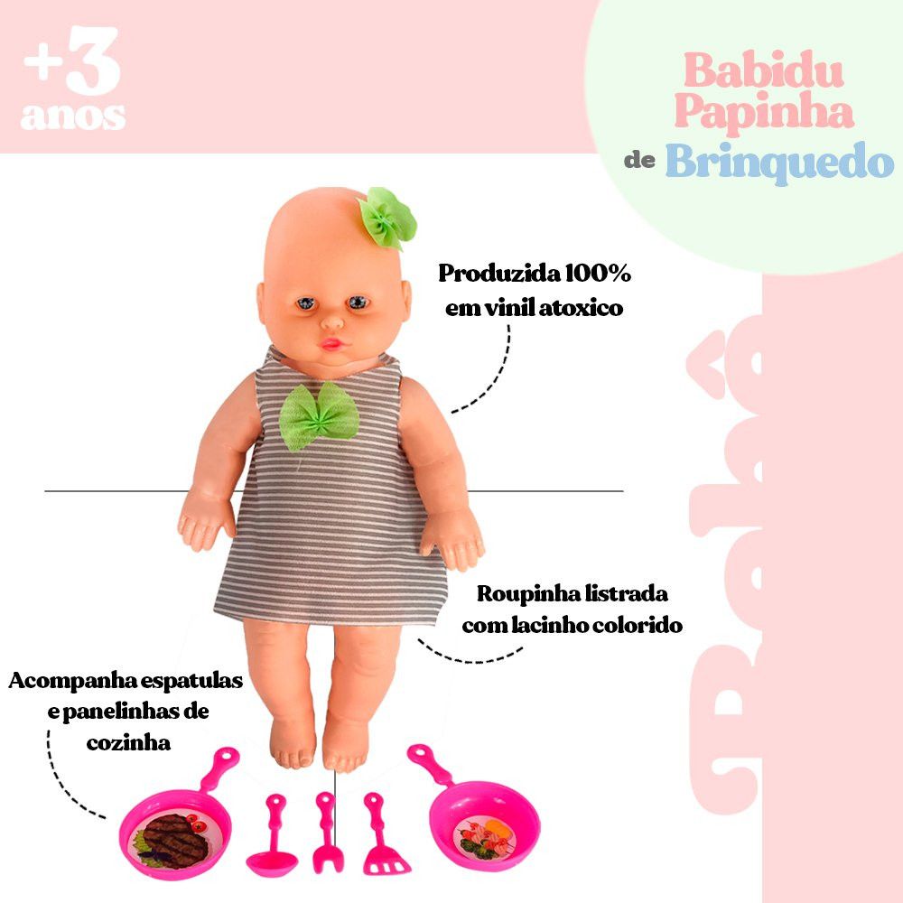 Boneca Babidu Papinha com Acessórios Cozinha Infantil Brinquedo Didático 30cm - Imagem 2