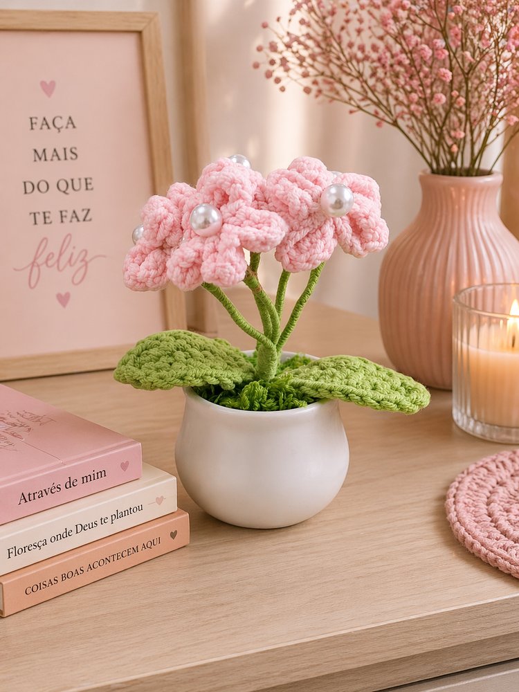 Flor decorativa em crochê com vaso plástico 10cm - Sortida - Imagem 5