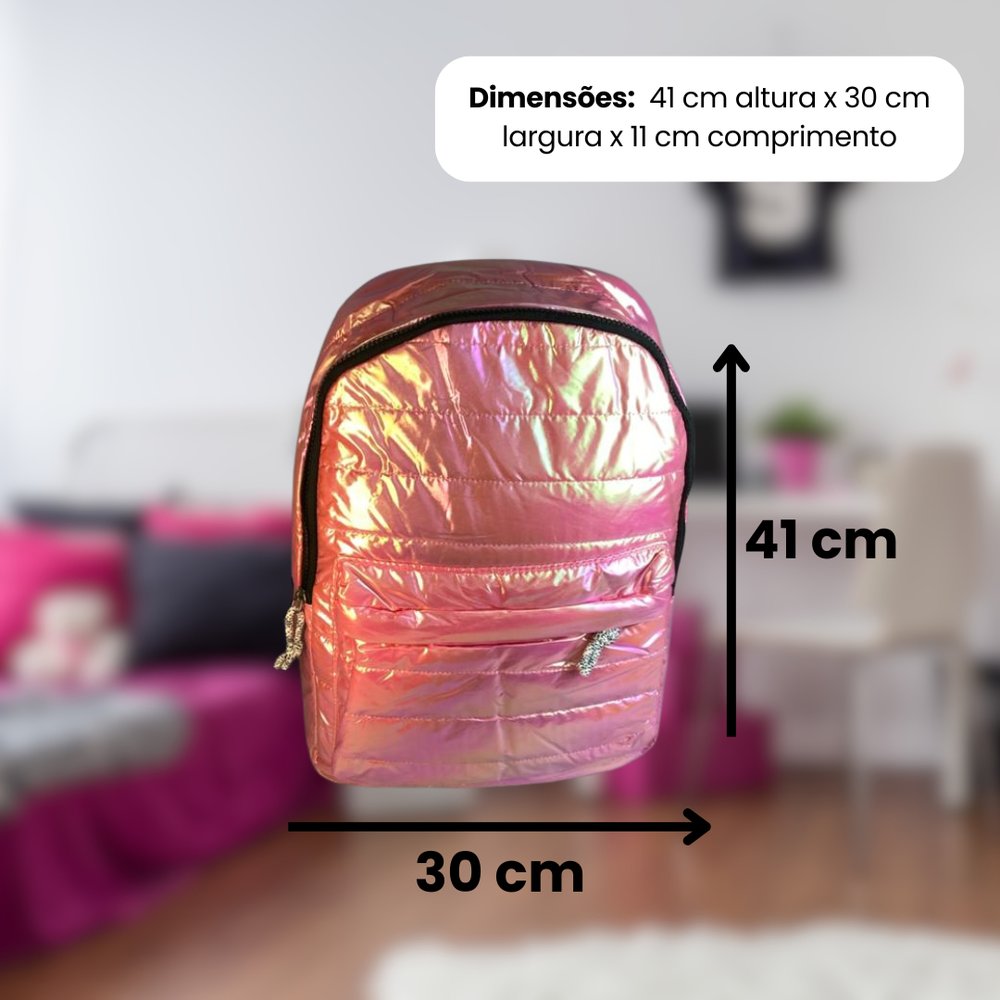 Mochila Holográfica Metalizada Sortida PVC Resistente Escolar Universitária 16L - Imagem 7