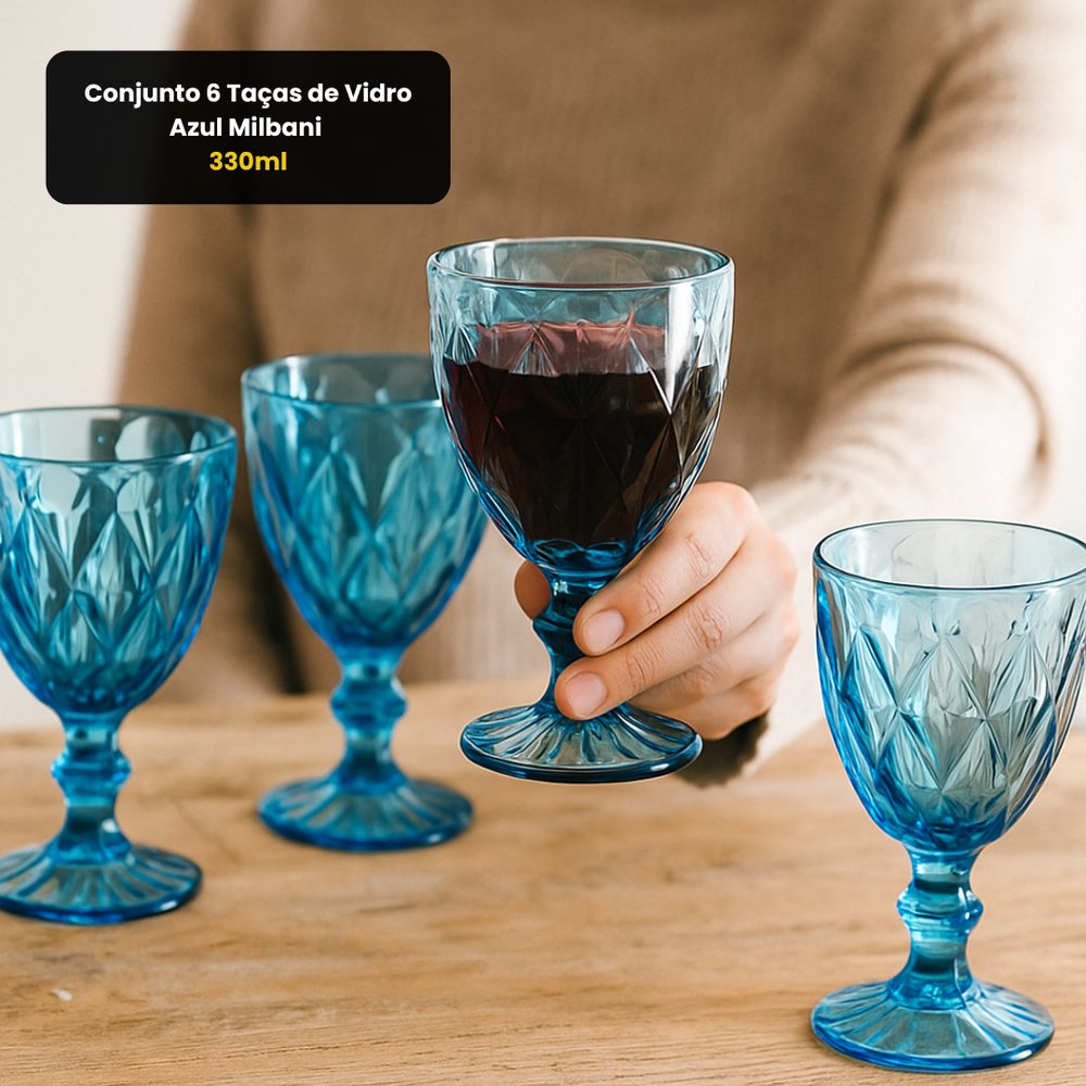 Conjunto 6 Taças de Vidro Azul Milbani 330ml - Taça de Vinho Elegante e Resistente - Imagem 3