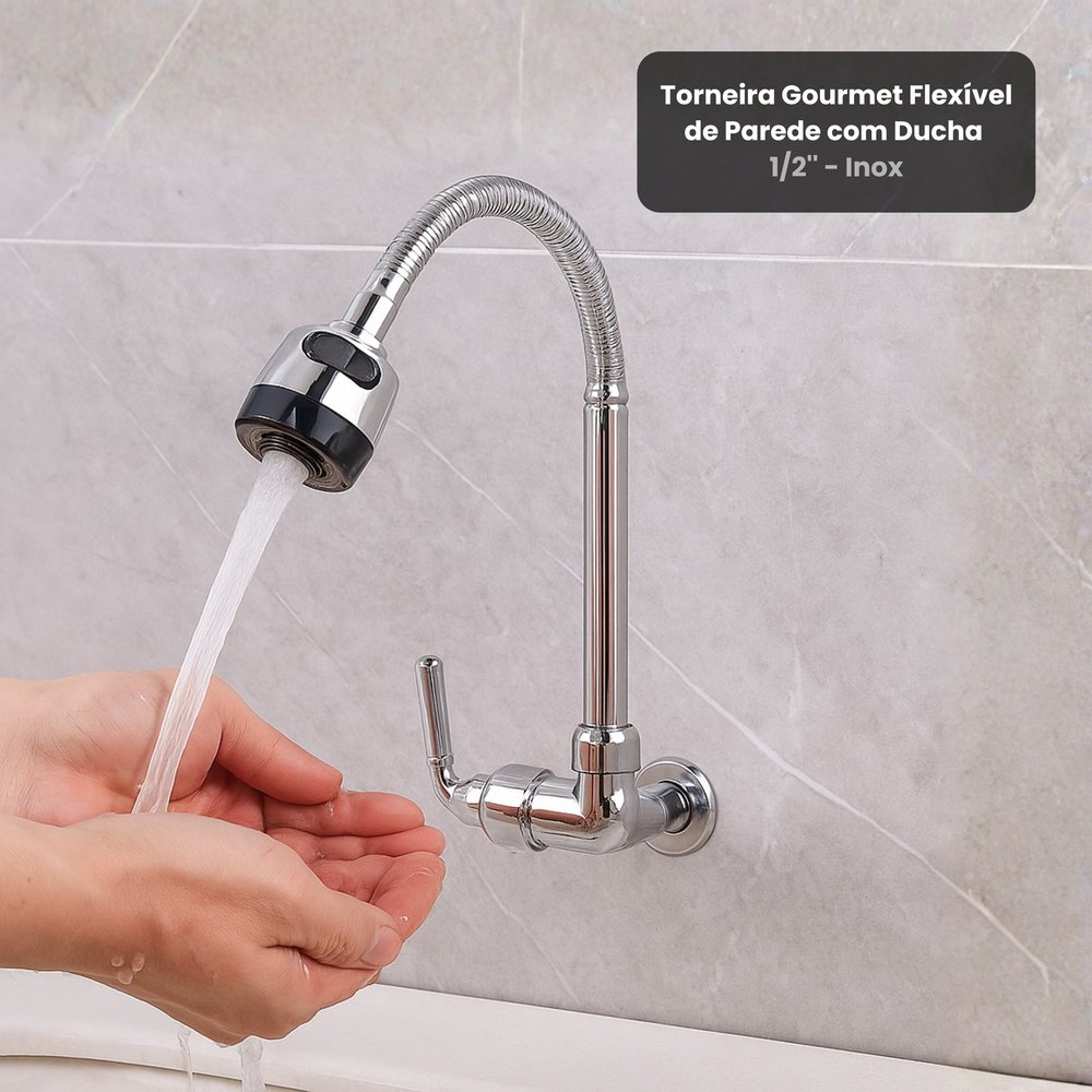 Torneira Gourmet Flexível De Parede Com Ducha 1/2'' Inox 360º Cozinha Alta Pressão - Imagem 3