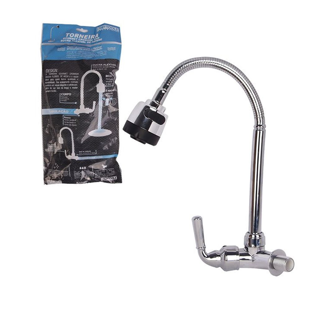 Torneira Gourmet Flexível De Parede Com Ducha 1/2'' Inox 360º Cozinha Alta Pressão