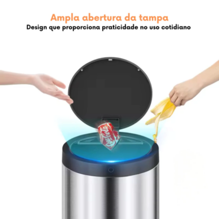 Lixeira Automática Redonda 40L em Aço Inox com Sensor de Movimento para Cozinha