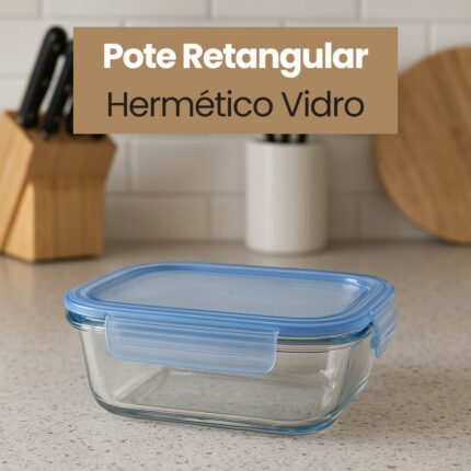 Pote Retangular Hermético de Vidro 370ml Tampa Azul Vedação Segura Organizador Alimentos