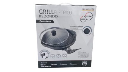 Grill Elétrico Redondo Premium 220V com Termostato Ajustável Superfície Antiaderente Preto