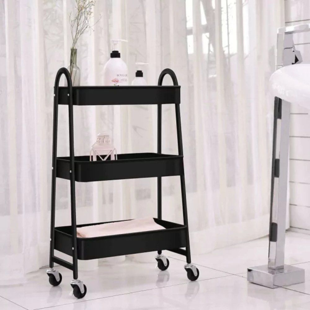 Prateleira de Metal Multiuso 3 Andares com Rodinhas Preto Resistente Organizador - Imagem 3