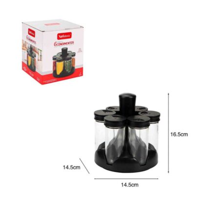 Conjunto 6 Porta Condimentos Vidro com Suporte Giratório Zug Preto Organizador Temperos Cozinha
