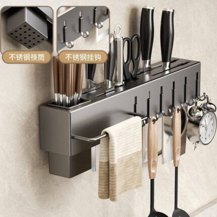 Suporte Organizador para Utensílios de Cozinha 6 Ganchos Modelo Parede Cinza Resistente