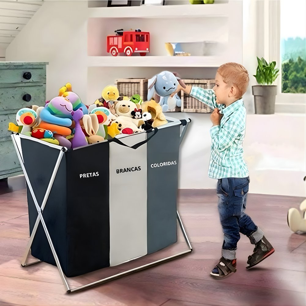 Cesto de Roupas Multiuso 3 Compartimentos Plástico Grande Organizador Lavanderia Branco - Imagem 3