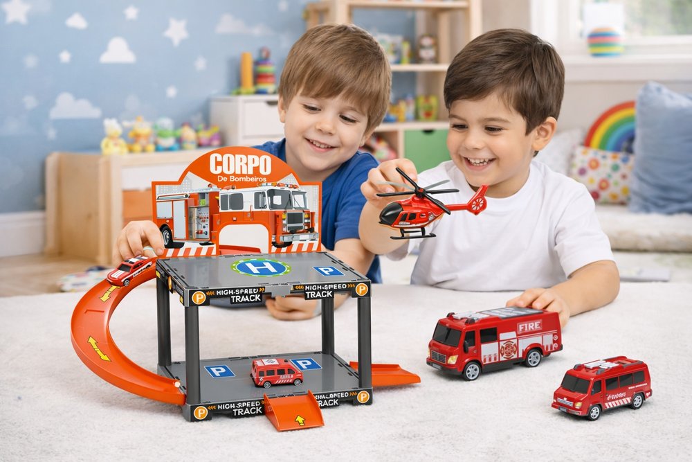 Estacionamento Bombeiros Infantil Pista Montar 13 Peças Carrinhos Helicóptero - Imagem 2