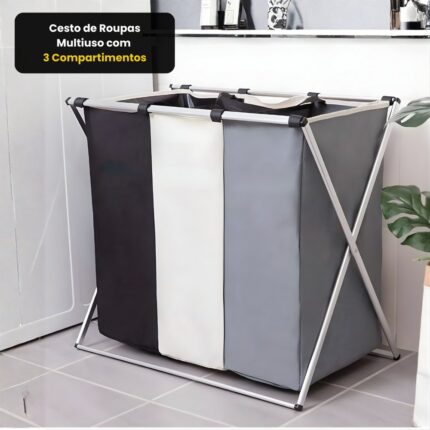 Cesto de Roupas Multiuso 3 Compartimentos Plástico Grande Organizador Lavanderia Branco