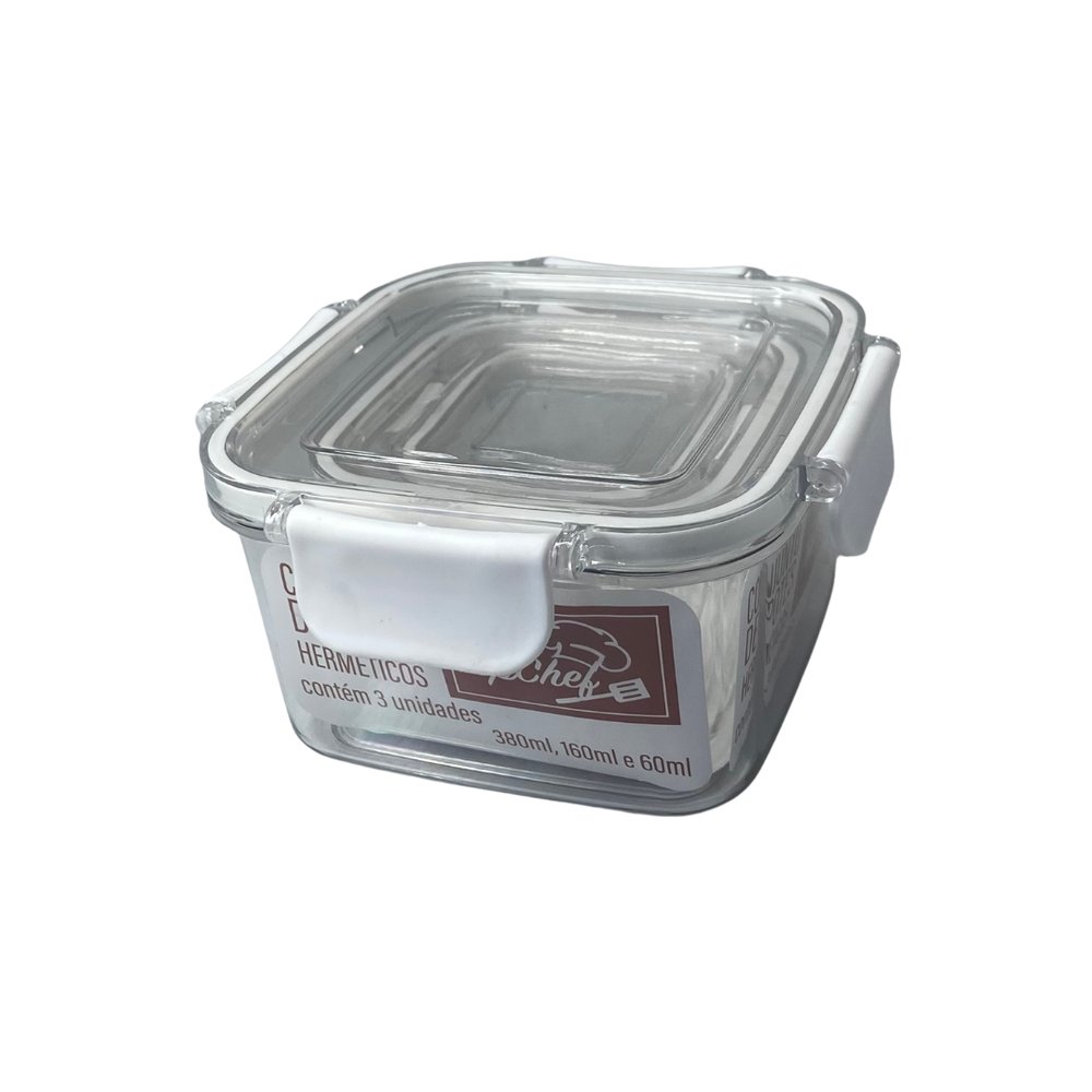 Conjunto 3 Potes Herméticos Quadrados Plástico Transparente Tampa Vedação Cozinha Organizador - Imagem 4