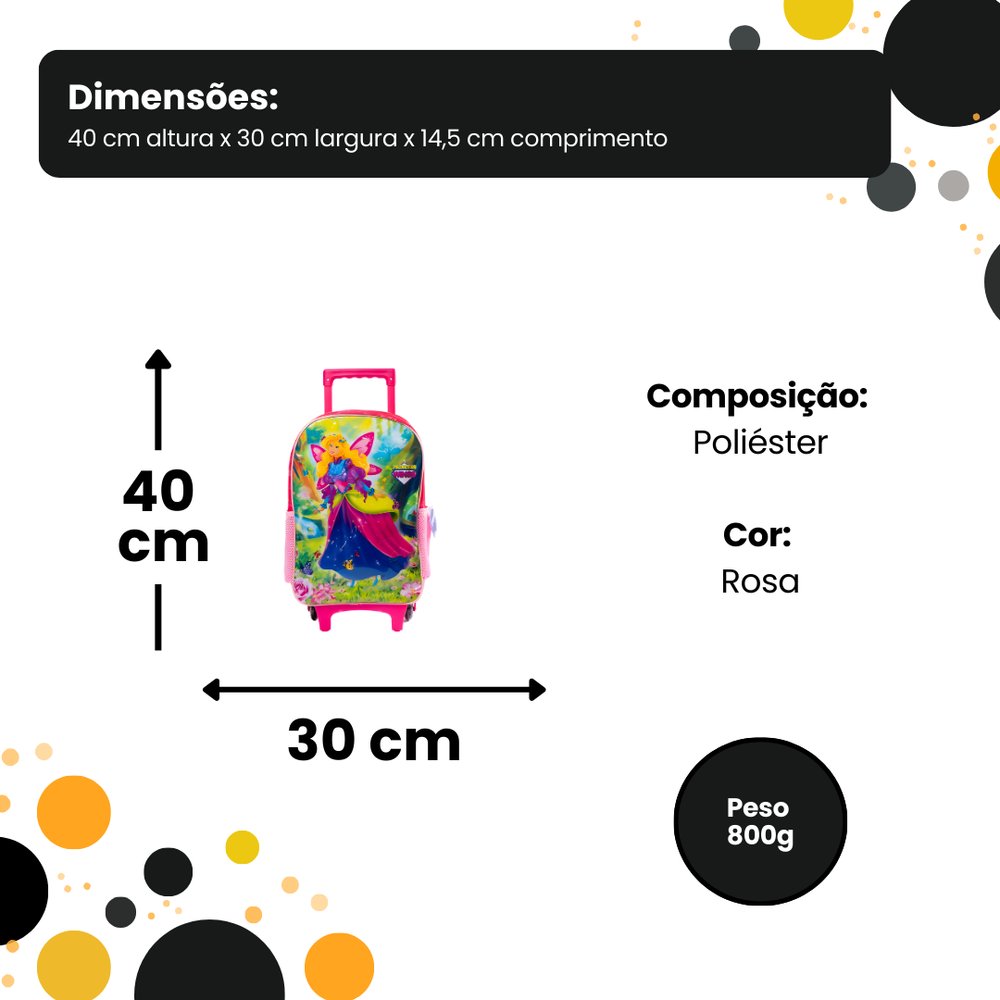 Mochila de Rodinhas Infantil Princess Wings Rosa 16 Polegadas Escolar Rodinhas Reforçadas - Imagem 3
