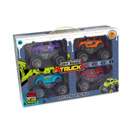 Maleta Kit 4 Carrinhos Monster Truck Off-Road 12cm com Rodas Grandes e Detalhes Realistas