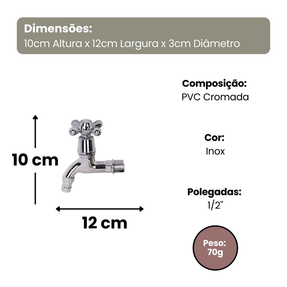 Torneira PVC Cromada 1/2'' para Cozinha Banheiro Modelo Tradicional Alta Durabilidade - Imagem 2